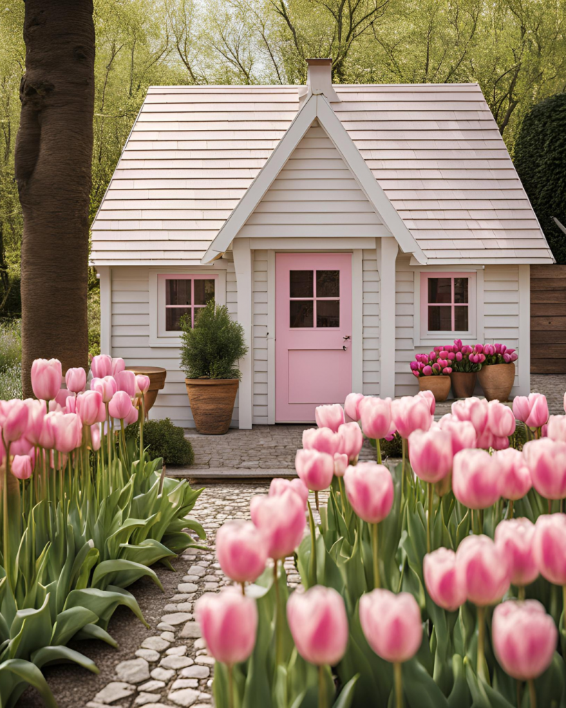 rosa Gartenhaus mit Tulpen