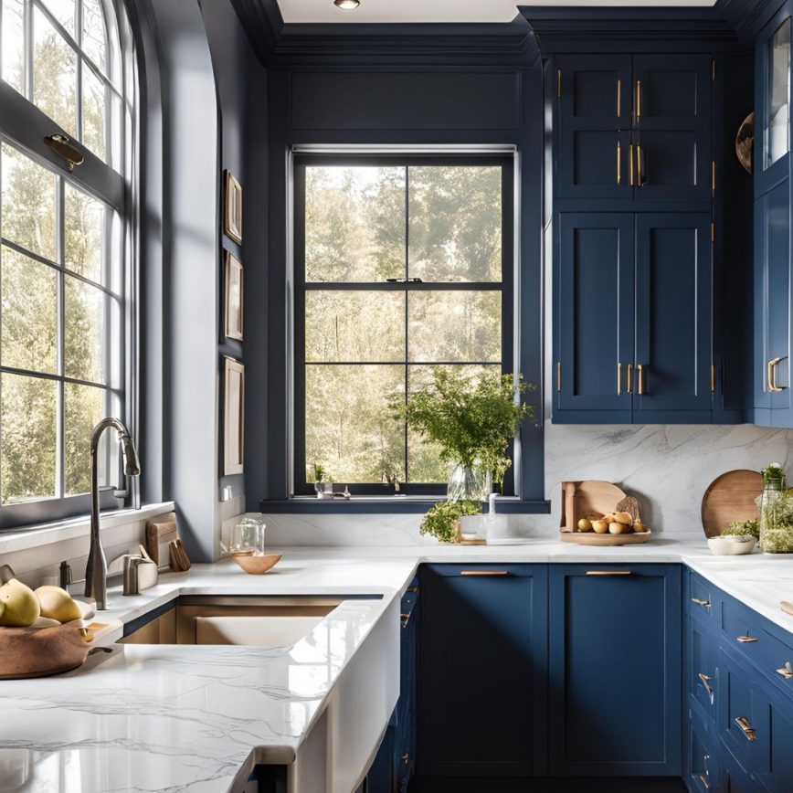 dunkelblaue küche, dunkelblaue Fenster