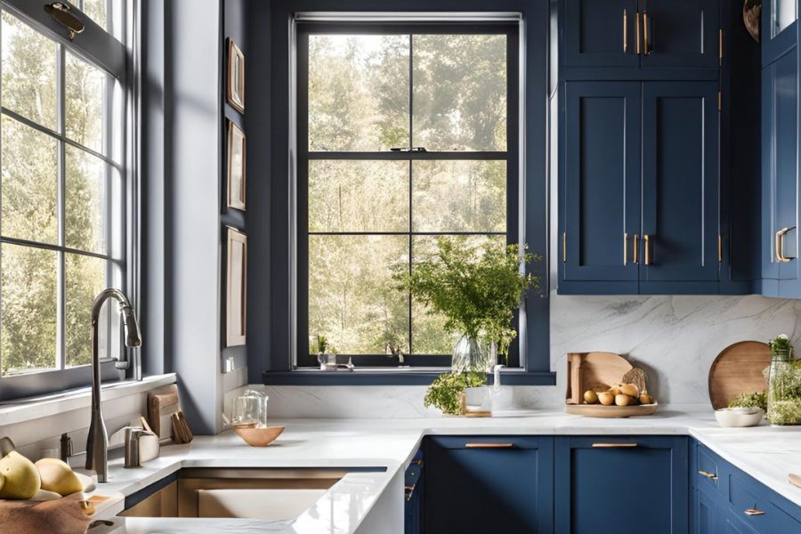 dunkelblaue küche, dunkelblaue Fenster